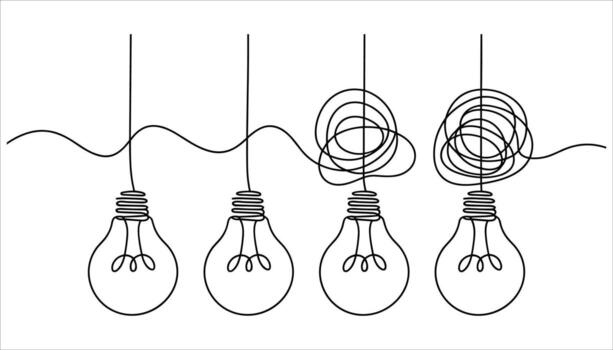 Four light bulbs depicted in a continuous black line drawing with tangled wires on a white background vector