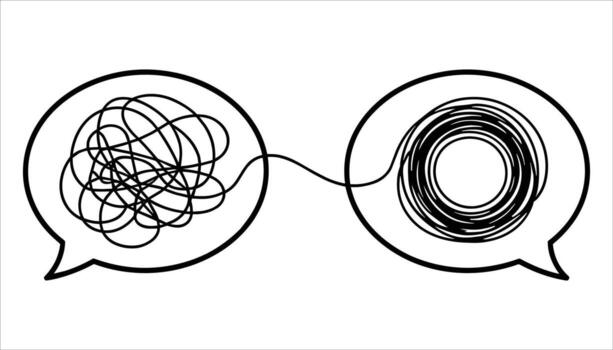 Two speech bubbles connected by a line one with tangled lines the other with coiled lines communication vector