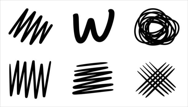 Six black hand drawn abstract scribbles and lines on a white background vector