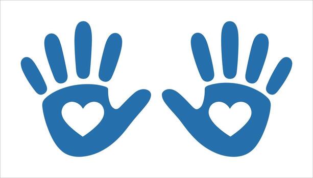 Two blue hands with white hearts in the palms spread open against a white background vector