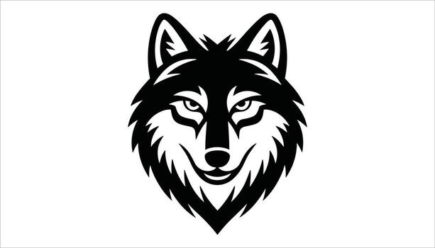 Black and white graphic illustration of a wolf's face with sharp angular features and a stern expression vector