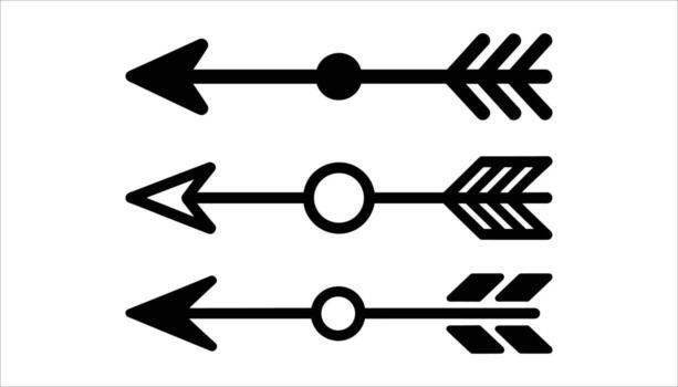 Three black stylized arrows pointing left with different fletching and shaft details on a white background vector