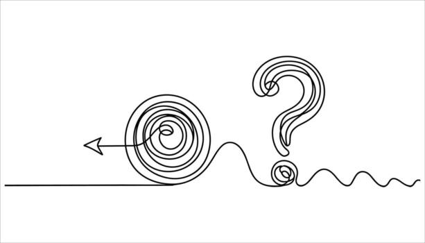 Black line drawing of a question mark and a tangled spiral with an arrow on a white background line art vector