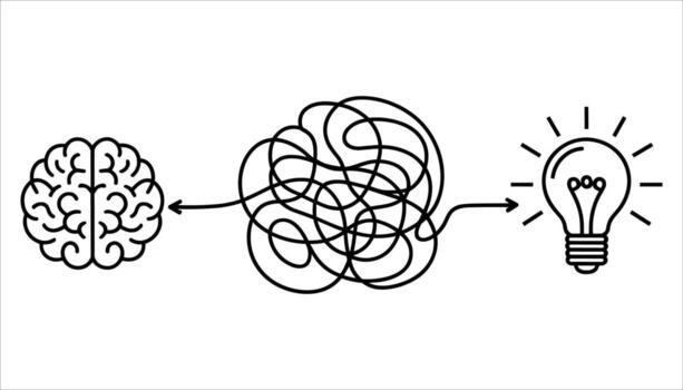 Black line art brain connected by tangled line to glowing light bulb on white background idea thinking vector