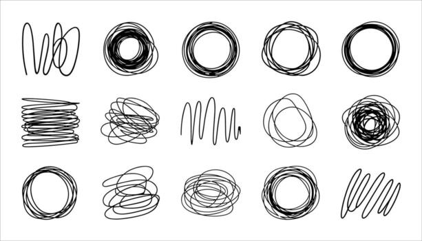 colección de quince negro mano dibujado garabateado circular y lineal resumen formas en blanco antecedentes vector