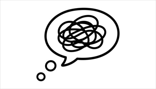 Black ink drawing of a thought bubble with tangled lines and small circles speech bubble thinking vector
