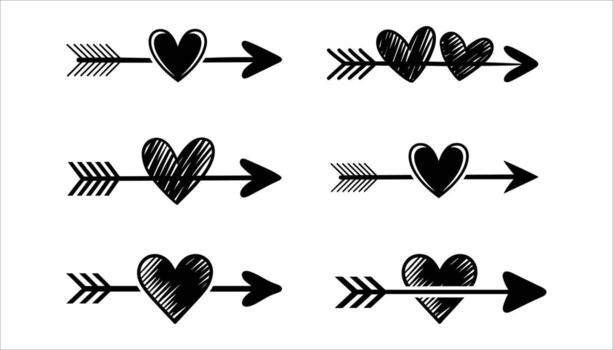 Six black heart and arrow graphic elements with feathered fletching and solid or hatched fill on white background vector