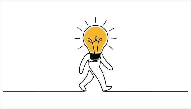 Simple line drawing of a walking figure with a yellow lightbulb head and radiating lines on a white background vector