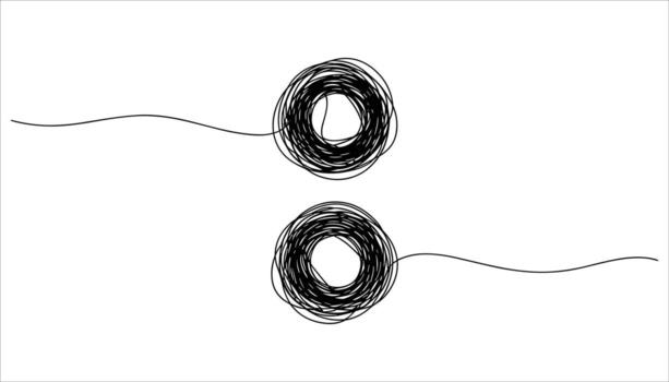 Two black tangled wire coils with wavy lines on white background abstract chaos vector