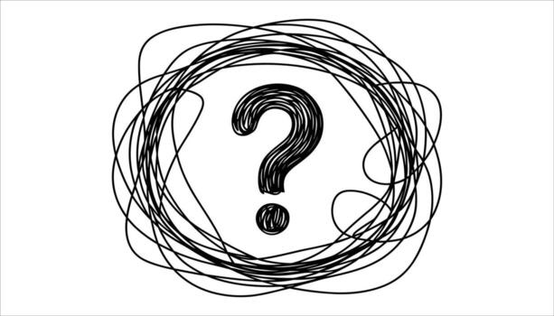 Black hand drawn question mark symbol inside a tangled scribble on white background punctuation vector