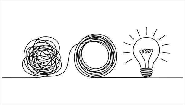 Black line drawing of tangled string leading to a lit lightbulb on white background idea concept vector