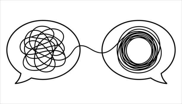 Two speech bubbles connected by a line one with tangled lines the other with circular lines communication vector