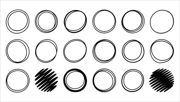 Collection of hand drawn black circles and scribbled circles on a white background vector