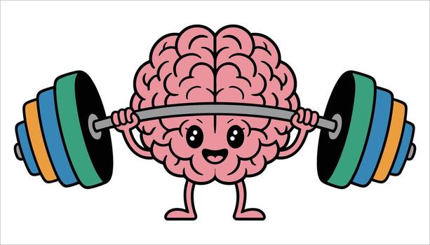 Cartoon brain character lifting a colorful barbell with weights vector
