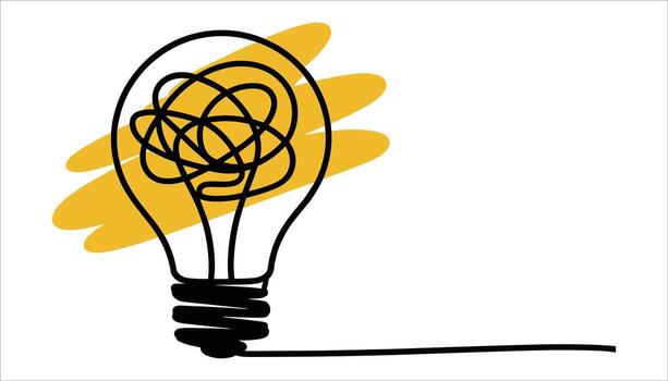 Black lightbulb outline with tangled filament and yellow brush stroke on white background idea concept vector