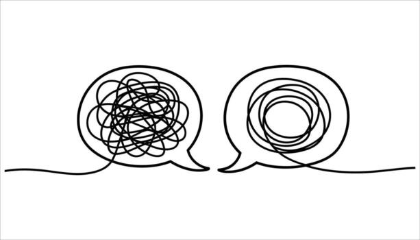 Two speech bubbles one with a chaotic scribble the other with a more organized tangle communication conversation vector