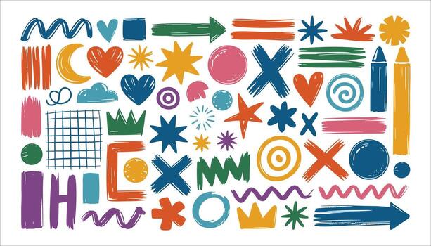 Collection of hand drawn colorful abstract shapes and symbols on white background vector