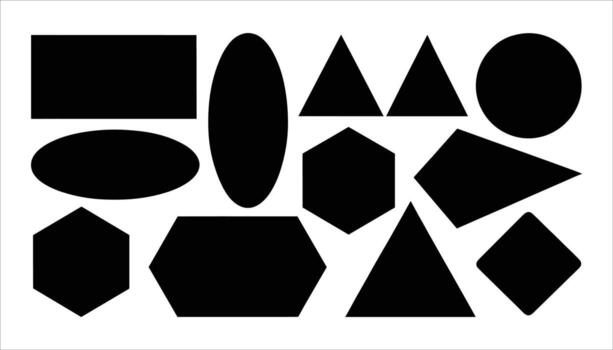 Collection of black geometric shapes including hexagons ovals triangles rectangles and circles on a white background vector