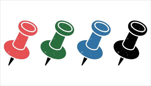 Four textured push pins in red green blue and black arranged in a row on a white background thumbtack vector
