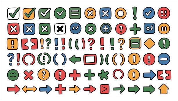 Collection of hand-drawn colorful icons including checkmarks crosses question marks exclamation points arrows and mathematical symbols vector