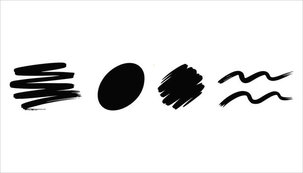 Black brush stroke shapes zig zag oval scribbled patch and wavy lines on white background abstract vector