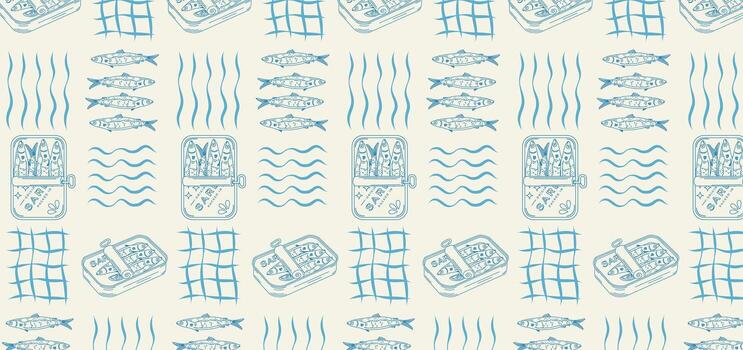 Minimalist seamless pattern with hand-drawn sardines and marine elements. Dolce Vita. Sketch. Suitable for printing, packaging, menu design, and textiles. vector