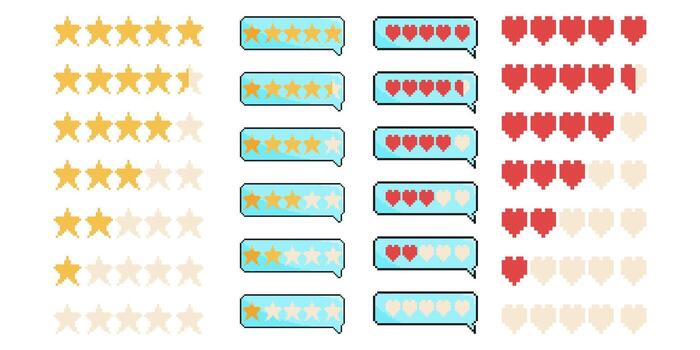 8 bit star and like rating icon set. Pixel art object. Retro 80s,90s game graphics. vector