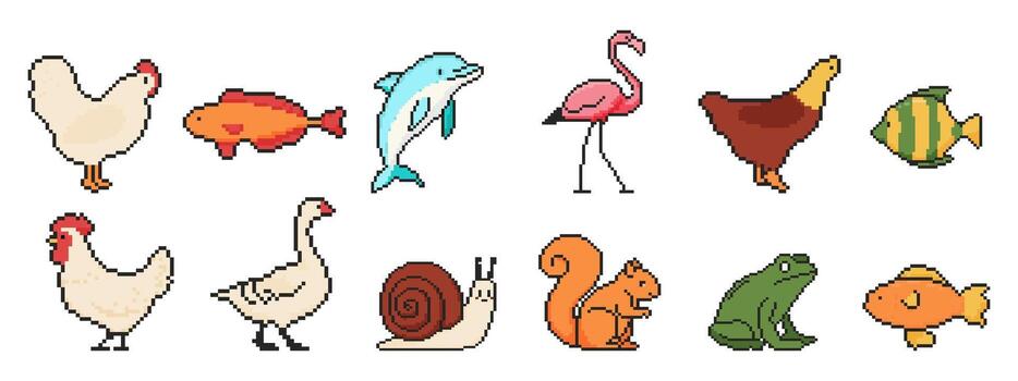8 bit animal set. Pixel art objects. Old school vintage game graphics. Chicken, dolphin, flamingo, fish, snail, frog. vector