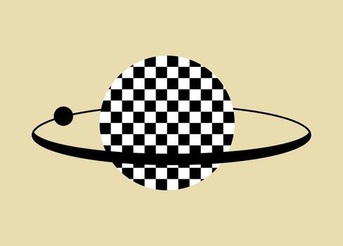 Minimalist of a planet with a black and white checkerboard pattern and a dark orbiting ring on a beige background. vector