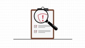 animerad Urklipp med checklista säkerhet skydda och förstorande glas ledande en Sök och analys av dokumentera rörelse grafisk begrepp av säkerhet kolla upp och data skydd video