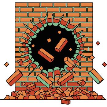 Illustration of a brick wall being broken through with bricks exploding outwards into a dark void vector