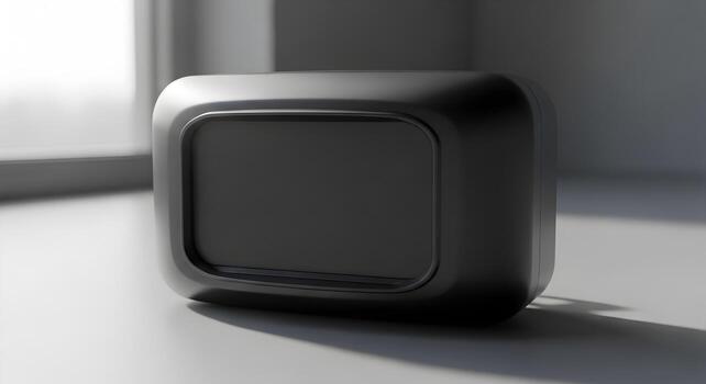 Modern Black Box with Rounded Edges and Gray Frame on Table photo