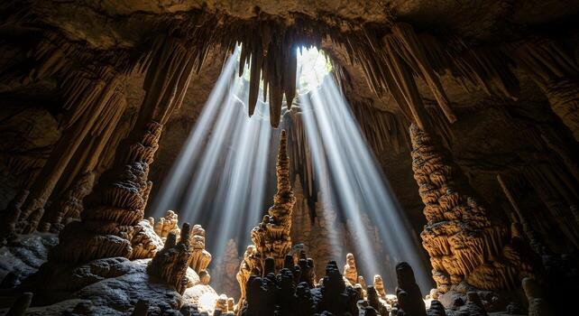 Sunlight Streaming into a Beautiful and Mysterious Cave Formation photo