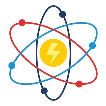 Abstract illustration of an atom with a lightning bolt symbolizing energy and power generation vector