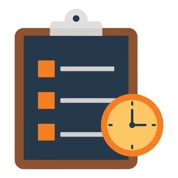 Flat design illustration of a clipboard with a checklist and a clock symbolizing time management and tasks vector