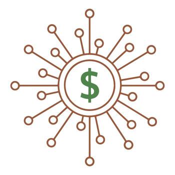 Abstract illustration of a dollar sign at the center of a network of connected nodes representing financial growth and digital currency vector