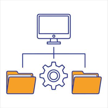 Computer screen connected to a gear and two folders representing data management and organization vector
