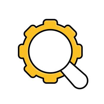 seo icon. management. magnifying glass with gear, on a white background. Automatic, optimization, ease. Mixed design style vector