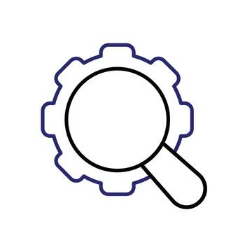 seo icon. management. magnifying glass with gear, on a white background. Automatic, optimization, ease. Outline design style vector