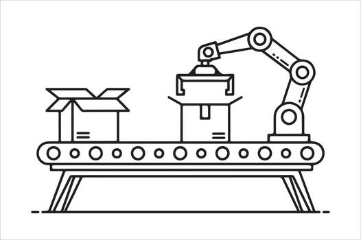 Automated robotic arm on conveyor belt line silhouette a white background vector