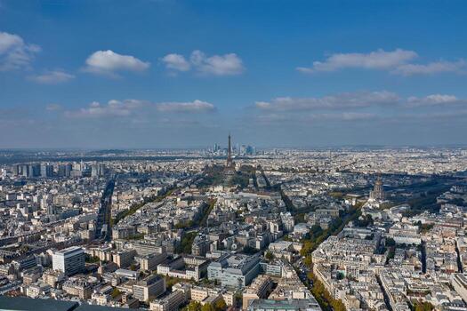 Eiffel Tower in the center of Paris with the skyscrapers of La Defense in the background, creating an architectural contrast, as seen from the Montparnasse Tower photo