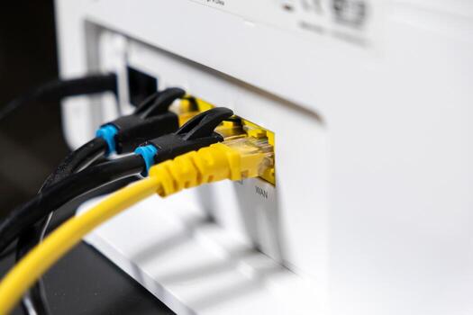 Ethernet cables connected to a white network router, signifying reliable internet connectivity and efficient data transfer for digital communication photo