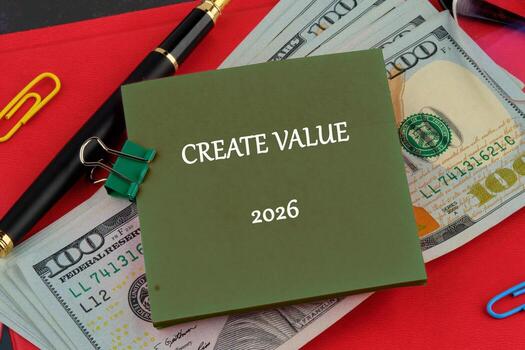 A notepad with text Create Value and the year 2026 sits on a pile of money, alongside a pen and binder clip on a red surface photo