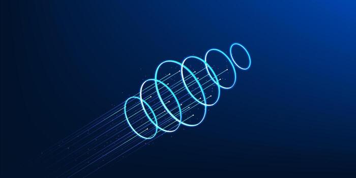 Futuristic high speed data lines shooting upward through multiple glowing technology rings, symbolizing data transmission, network acceleration, and advanced digital innovation vector