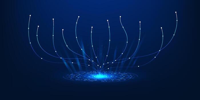 Futuristic data transmission lines rising from a glowing technology circle, symbolizing digital connectivity, data upload, and innovation in information networks vector