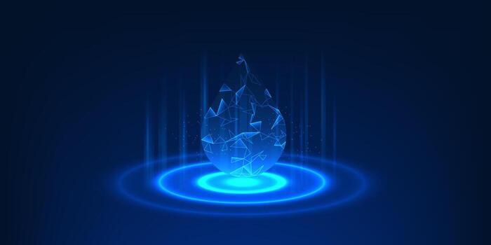 Water drop placed above a glowing technology circle, symbolizing hydro energy, sustainable innovation, and clean power generation through modern technology vector