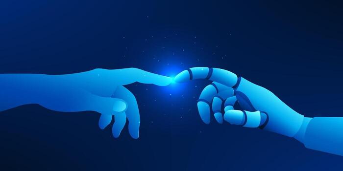 Human hand and robotic AI hand touching fingers, symbolizing the connection between humanity and artificial intelligence, collaboration, and future technology integration vector