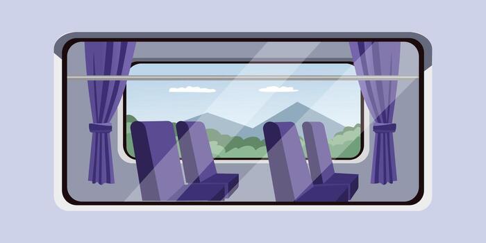 Train Window View with Mountain Landscape and Empty Seats. Passenger Train Exterior with Windows. Outside View of Railway Car Windows vector