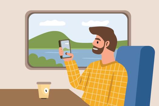 Man taking photo of landscape from train window. Man Capturing Scenic View from Train Window. Traveler Taking Photo of Landscape on Train Ride vector