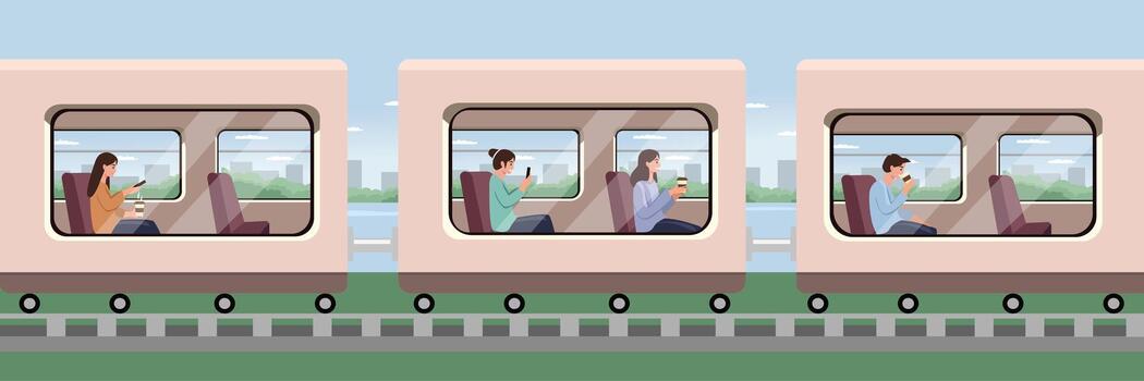 Passengers on train using devices vector